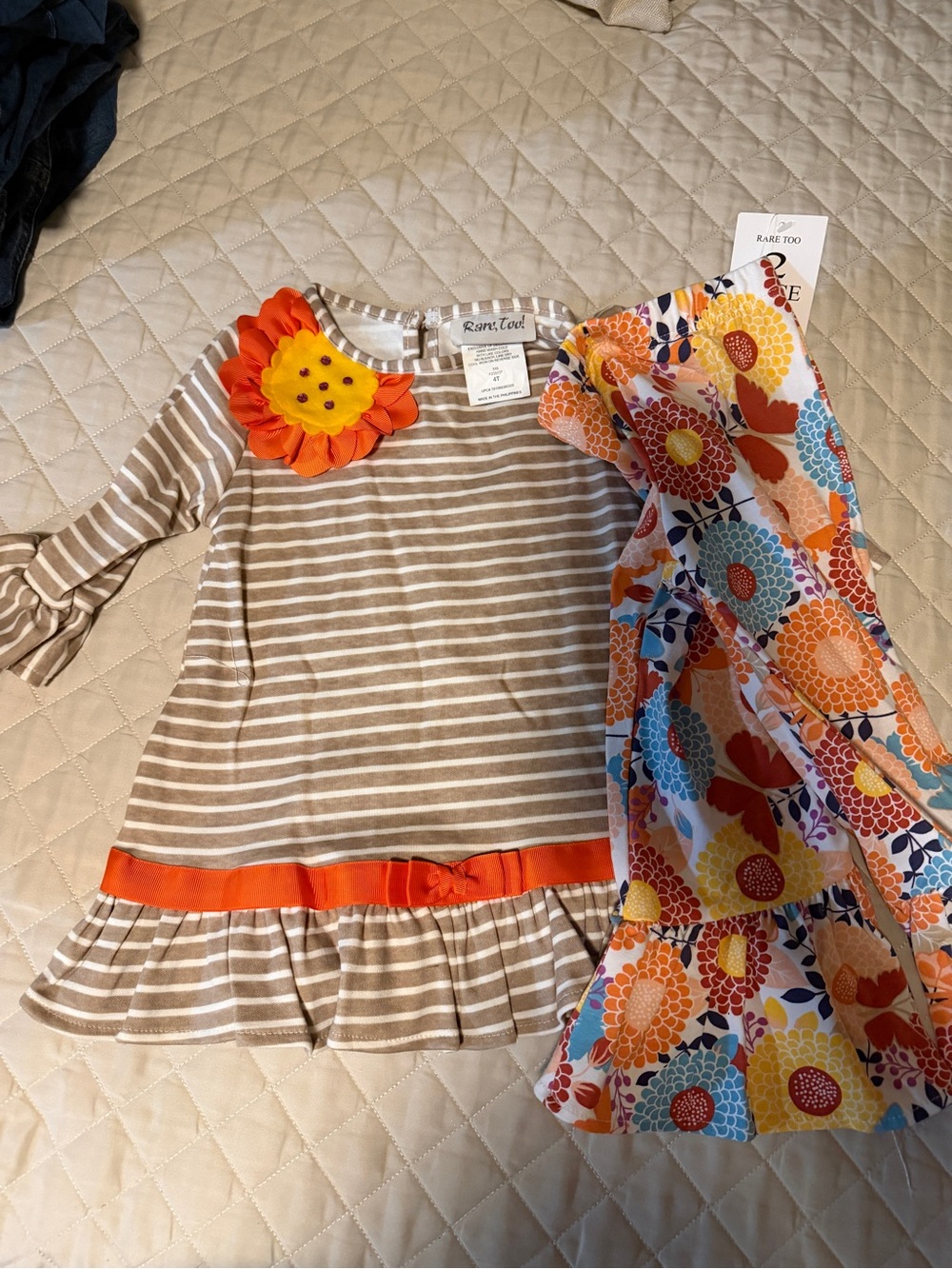 Rare Too Girls Beige Stripe Dress & Orange Floral Scarf Set